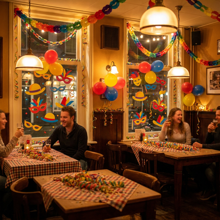 Kleurrijke carnavalsversiering met slingers, ballonnen, confetti en raamdecoratie in een feestelijk ingerichte ruimte met warme sfeer.