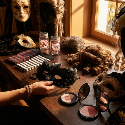 Donker gestylede tafel met Halloween accessoires zoals maskers, pruiken, vampiertanden, kousen en make-up in warm sfeervol licht.