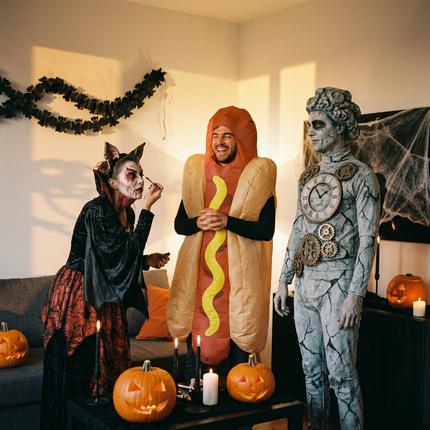 Drie feestgangers in opvallende Halloween kostuums poseren in een sfeervol Europees interieur met kaarslicht, pompoenen en subtiele rook.