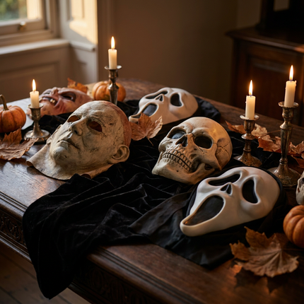 Verschillende halloween maskers liggen stijlvol opgesteld op een feesttafel, met kaarslicht, donkere stoffen en een mysterieuze herfstsfeer.