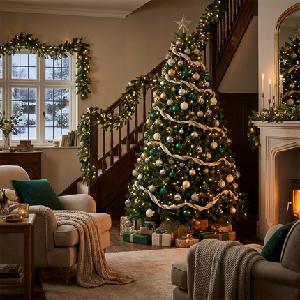 Sfeervolle woonkamer met versierde kerstboom, gouden en zilveren kerst slingers, groene accenten en warme verlichting bij raam en trap.