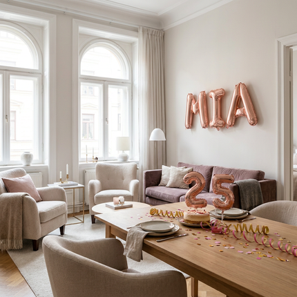 Gouden en roze letter ballonnen vormen een naam boven een feesttafel met slingers, confetti en zachte daglichtsfeer in een stijlvolle woonkamer.