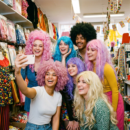 Vrolijke groep vrienden in kleurrijke carnavalspruiken lacht samen in een feestwinkel, omringd door kostuums en felle accessoires.