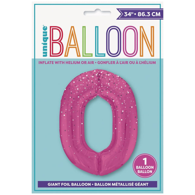 0 Jaar Cijfer Ballon Roze Stippen 86cm van Unique koop je bij Partywinkel