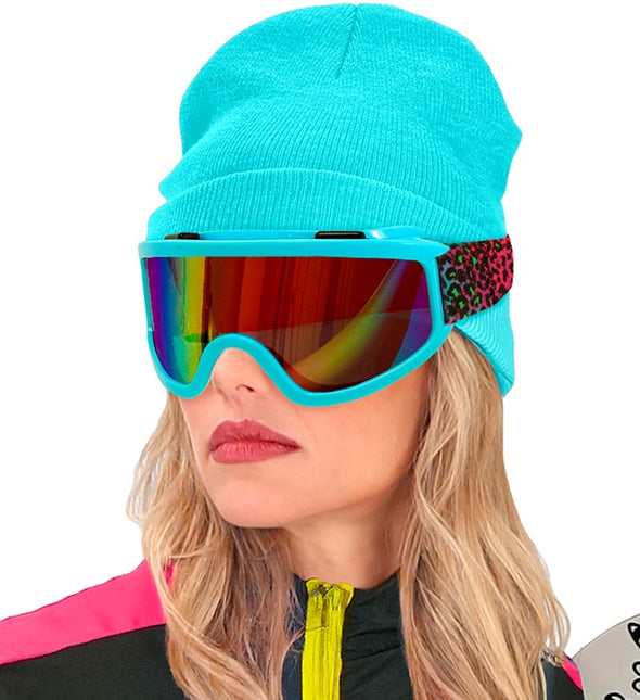Ski Goggles 80s Blue Rainbow Leopard Print