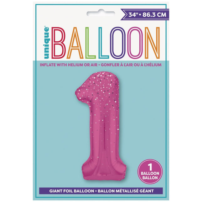 1 Jaar Cijfer Ballon Roze Stippen 86cm van Unique koop je bij Partywinkel
