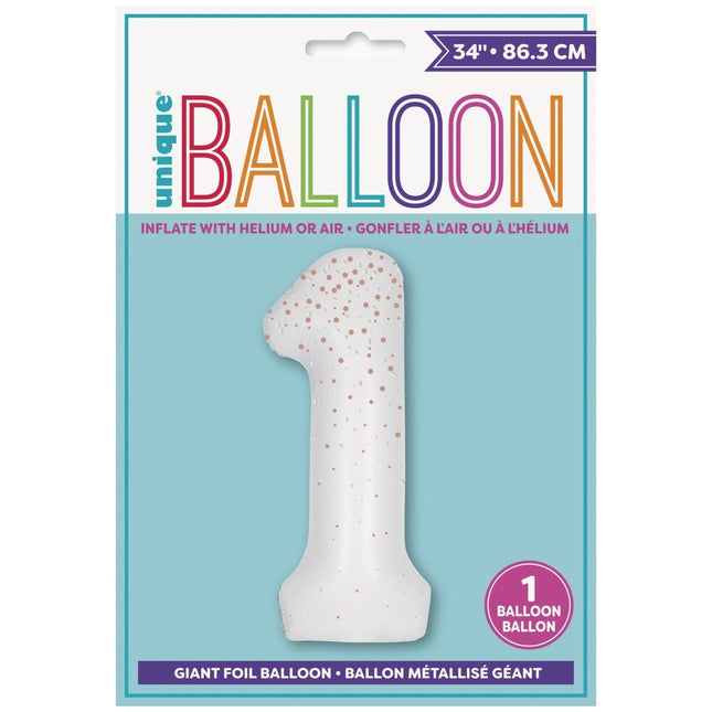 1 Jaar Cijfer Ballon Wit Stippen 86cm van Unique koop je bij Partywinkel