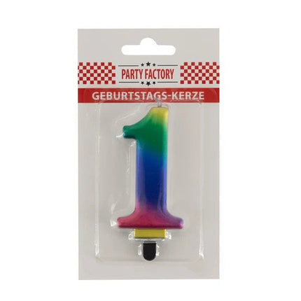 1 Jaar Kaars Regenboog 8cm van VDV Benefit koop je bij Partywinkel