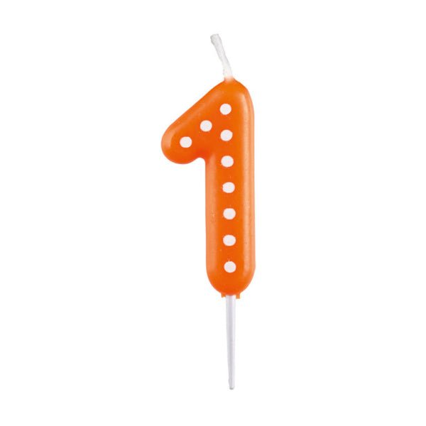 1 Kaars Oranje Stippen 6,5cm van Riethmueller koop je bij Partywinkel