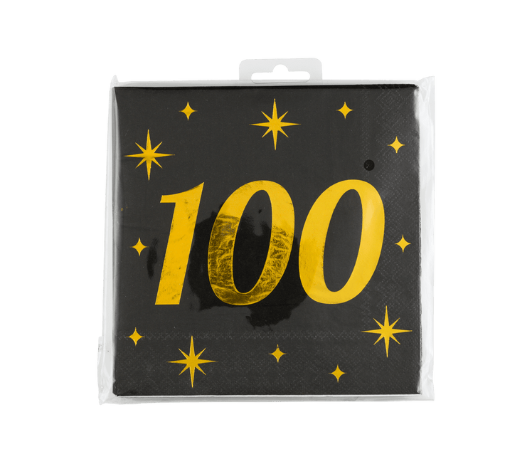 100 Jaar Servetten Zwart Goud 19cm 16st van Paper Dreams koop je bij Partywinkel