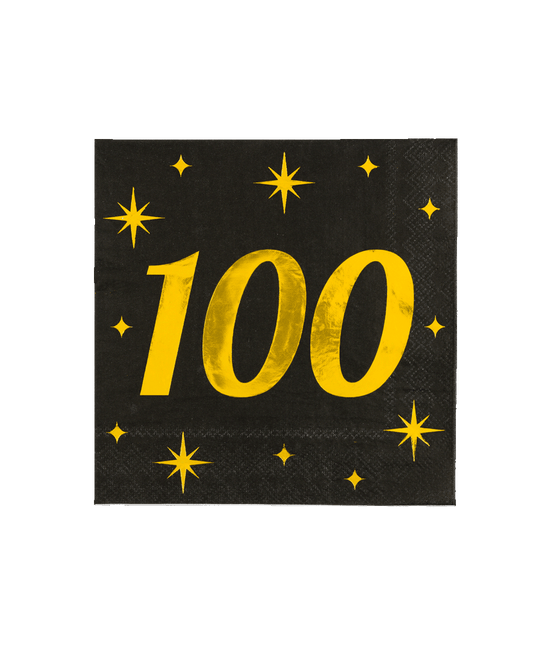 100 Jaar Servetten Zwart Goud 19cm 16st van Paper Dreams koop je bij Partywinkel