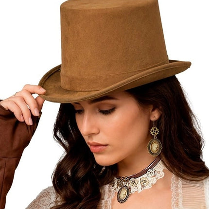 VINTAGE BROWN SUEDE TOP HAT, 15 CM
