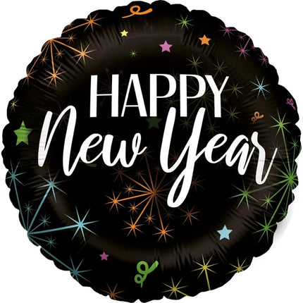 Happy New Year Helium Balloon, Black, Fireworks, Empty, 45 cm