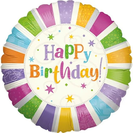 Happy Birthday Helium Balloon, Colored Stripes, 45 cm