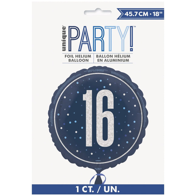 16 Jaar Helium Ballon Blauw Leeg 45cm van Unique koop je bij Partywinkel