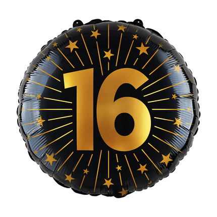 16 Jaar Helium Ballon Zwart Goud Leeg 45cm van WeFiesta koop je bij Partywinkel