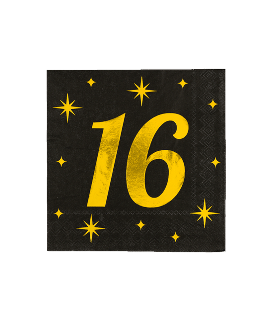 16 Jaar Servetten Zwart Goud 19cm 16st van Paper Dreams koop je bij Partywinkel