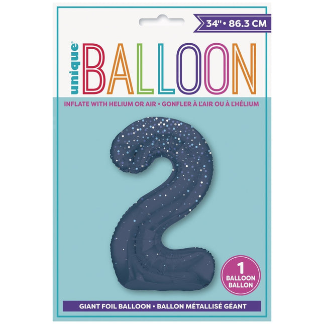 2 Jaar Cijfer Ballon Donkerblauw Stippen 86cm van Unique koop je bij Partywinkel