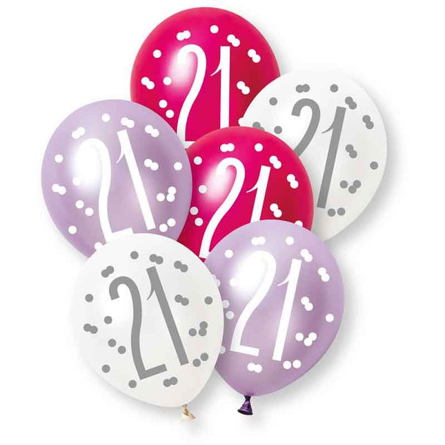 21 Jaar Ballonnen Paars Roze 30cm 6st van Unique koop je bij Partywinkel
