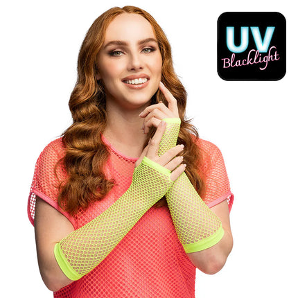 Pair of elbow-length mesh gloves, neon green