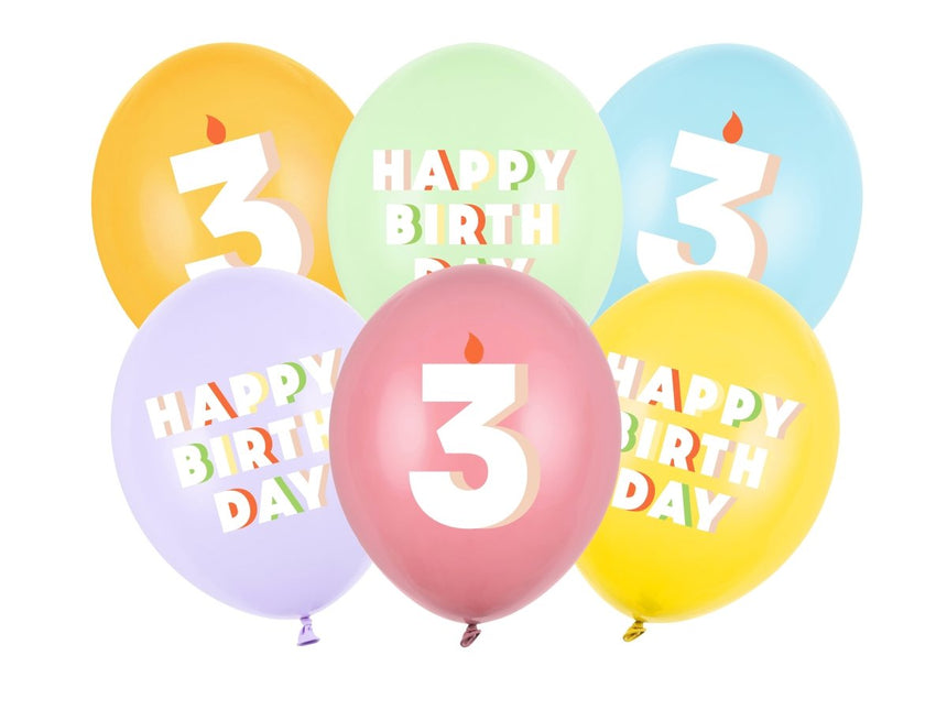 3 Jaar Ballonnen 30cm 6st van Partydeco koop je bij Partywinkel