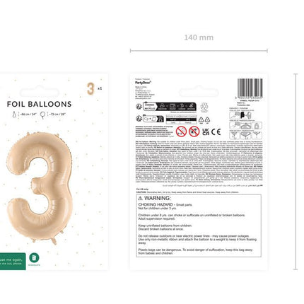 3 Jaar Cijfer Ballon Beige Leeg 72cm van Partydeco koop je bij Partywinkel