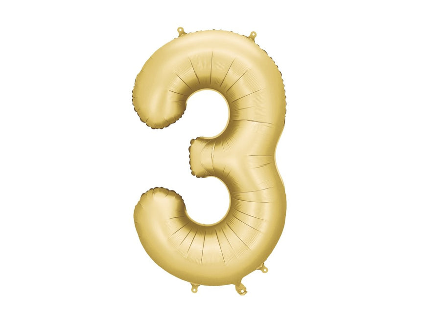 3 Jaar Cijfer Ballon Goud Satijn Folie Leeg 86cm van Partydeco koop je bij Partywinkel