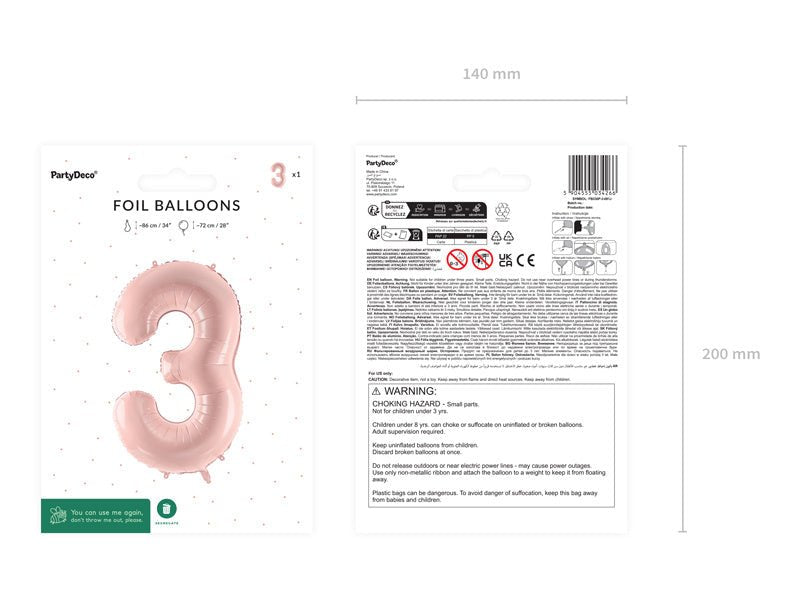 3 Jaar Cijfer Ballon Lichtroze Leeg 72cm van Partydeco koop je bij Partywinkel