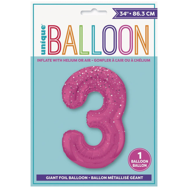 3 Jaar Cijfer Ballon Roze Stippen 86cm van Unique koop je bij Partywinkel