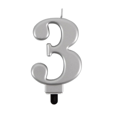 3 Jaar Kaars Zilver Metellic 7cm van VDV Benefit koop je bij Partywinkel