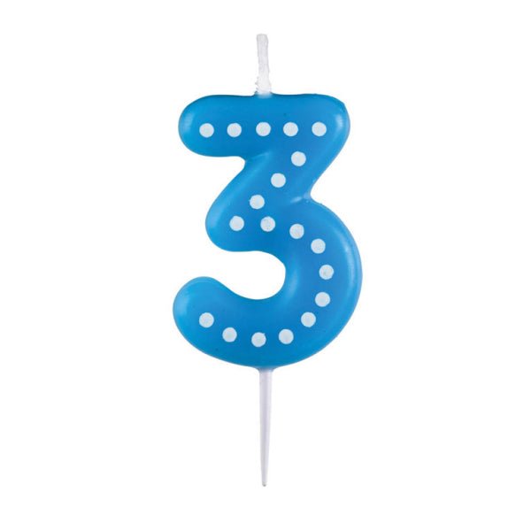 3 Kaars Blauw Stippen 6,5cm van Riethmueller koop je bij Partywinkel