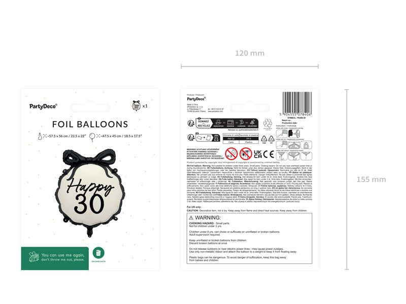 30 Jaar Helium Ballon Zwart Wit 53cm van Partydeco koop je bij Partywinkel