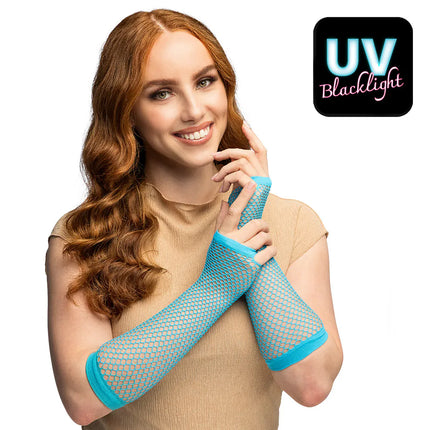 Pair of elbow-length mesh gloves, neon blue