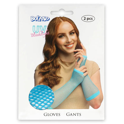 Pair of elbow-length mesh gloves, neon blue