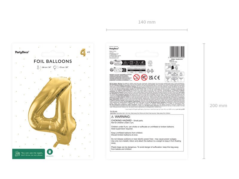4 Jaar Cijfer Ballon Goud Leeg 72cm van Partydeco koop je bij Partywinkel
