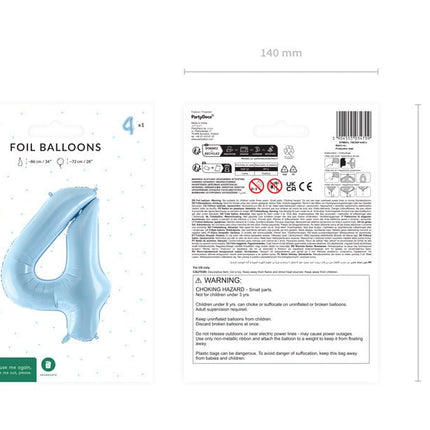 4 Jaar Cijfer Ballon Lichtblauw Leeg 72cm van Partydeco koop je bij Partywinkel