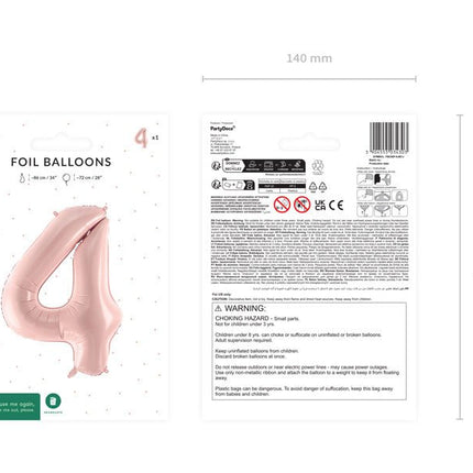 4 Jaar Cijfer Ballon Lichtroze Leeg 72cm van Partydeco koop je bij Partywinkel
