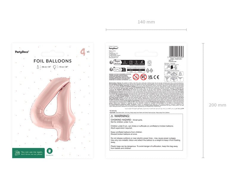 4 Jaar Cijfer Ballon Lichtroze Leeg 72cm van Partydeco koop je bij Partywinkel