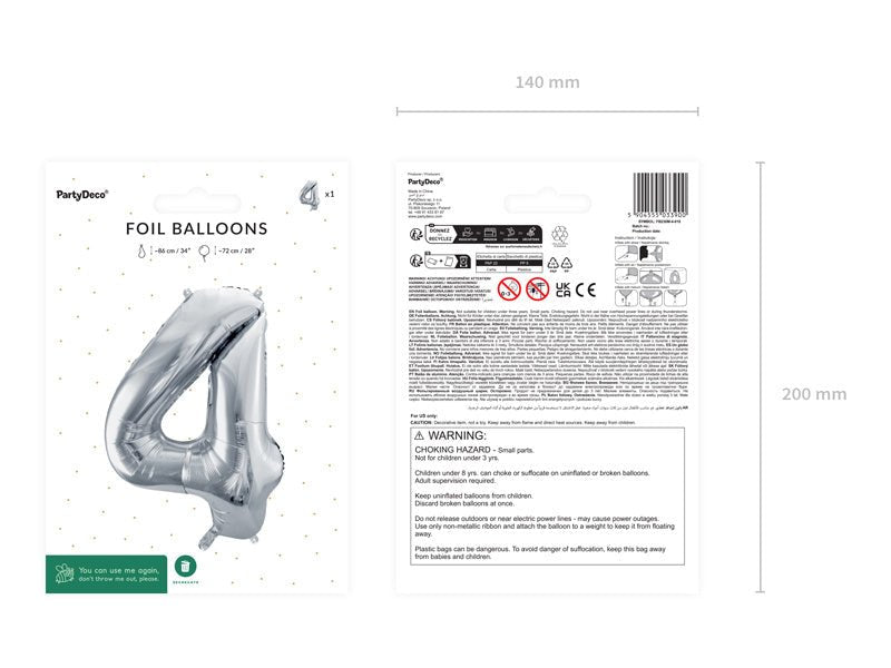4 Jaar Cijfer Ballon Zilver Leeg 72cm van Partydeco koop je bij Partywinkel