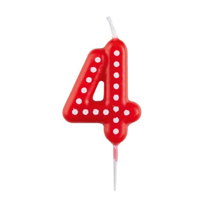 4 Jaar Kaars Rood Stippen 6,5cm van Riethmueller koop je bij Partywinkel