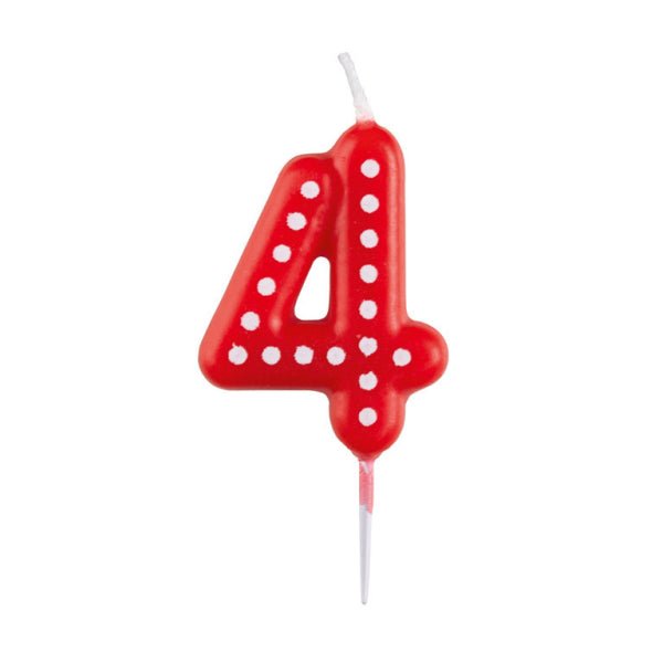 4 Jaar Kaars Rood Stippen 6,5cm van Riethmueller koop je bij Partywinkel