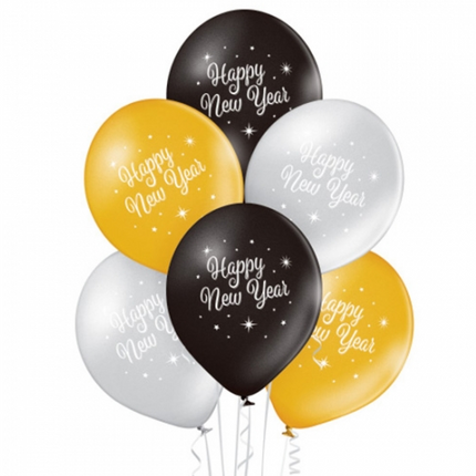 Happy New Year Balloons: Black, Gold, Silver, Cake, 30 cm, 10-pack