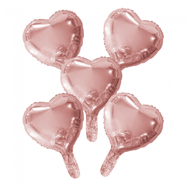 5 Folieballonnen hart met papieren rietje 9" rose goud van WeFiesta koop je bij Partywinkel