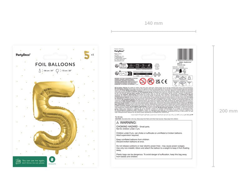 5 Jaar Cijfer Ballon Goud Leeg 72cm van Partydeco koop je bij Partywinkel