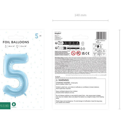 5 Jaar Cijfer Ballon Lichtblauw Leeg 72cm van Partydeco koop je bij Partywinkel
