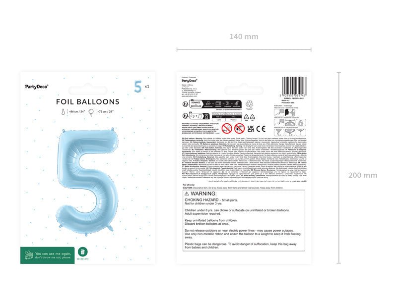 5 Jaar Cijfer Ballon Lichtblauw Leeg 72cm van Partydeco koop je bij Partywinkel