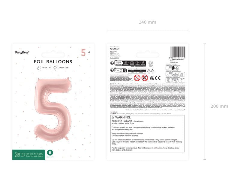 5 Jaar Cijfer Ballon Lichtroze Leeg 72cm van Partydeco koop je bij Partywinkel