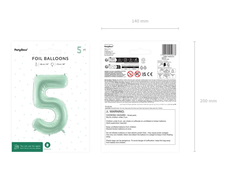 5 Jaar Cijfer Ballon Mintgroen Leeg 72cm van Partydeco koop je bij Partywinkel
