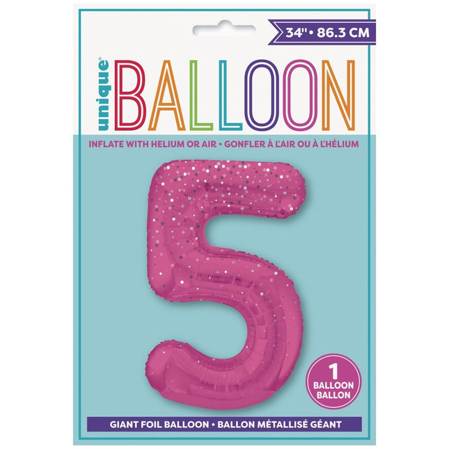 5 Jaar Cijfer Ballon Roze Stippen 86cm van Unique koop je bij Partywinkel