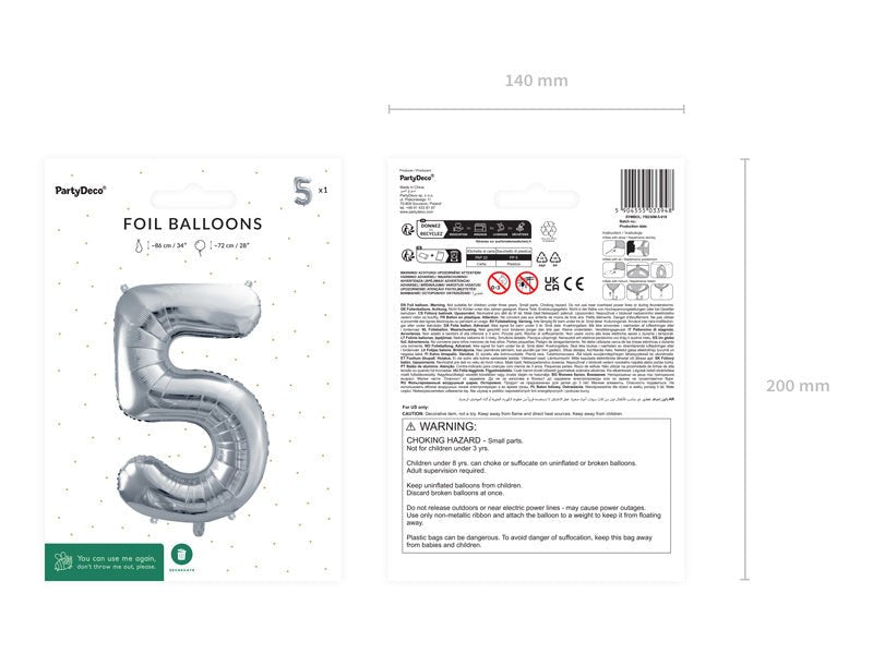 5 Jaar Cijfer Ballon Zilver Leeg 72cm van Partydeco koop je bij Partywinkel